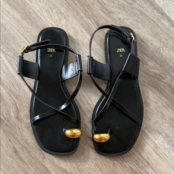 Zara Strappy Black and Gold Sandals - Picture 1 of 2